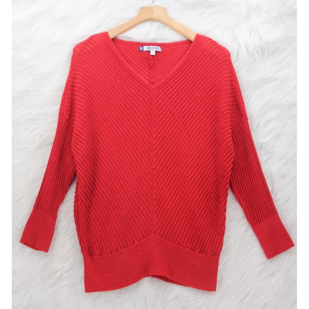 Jennifer Lopez Women's XL Red Metallic V Neck Lightweight Ribbed Dolman Sweater